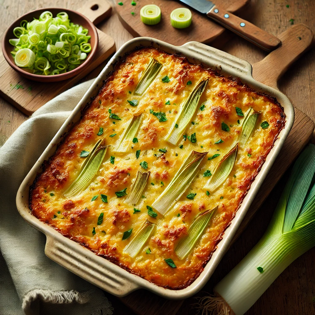 Leek gratin with plant-based cheesy bechamel sauce