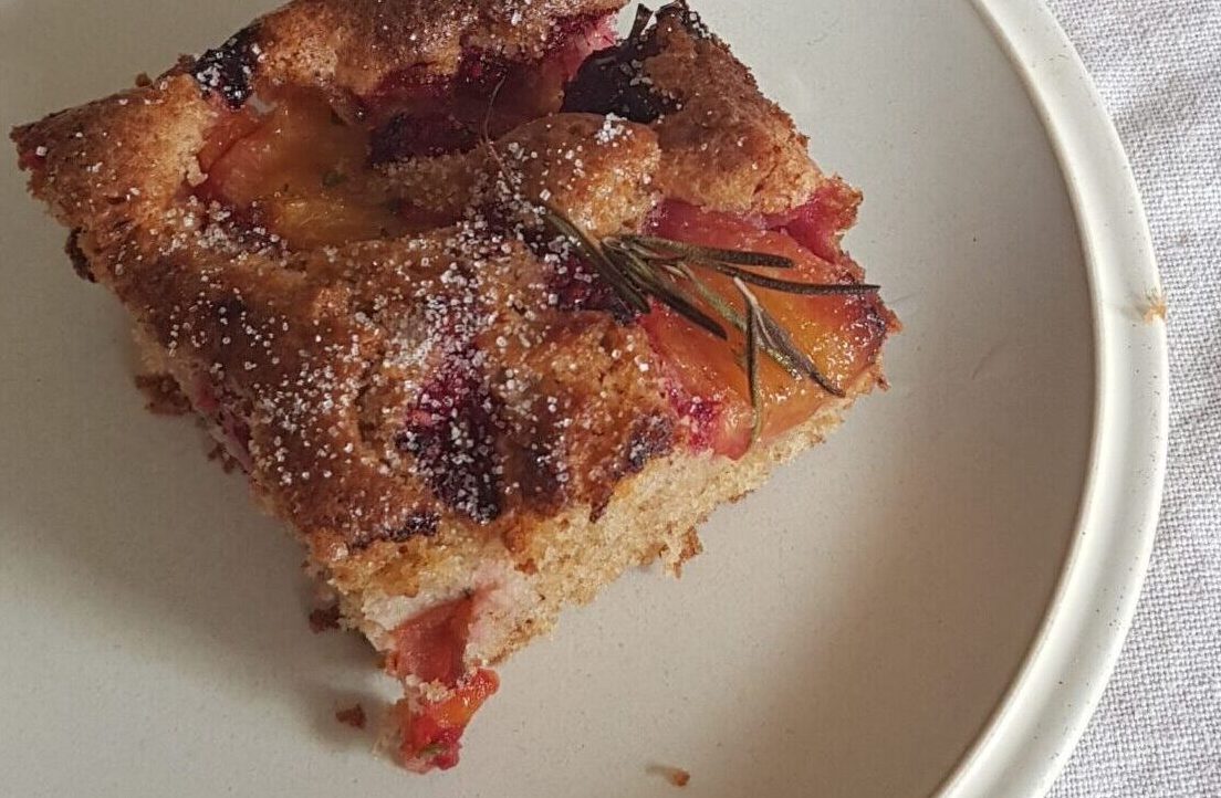 Apricot traybake with rosemary, orange and vanilla sugar crust
